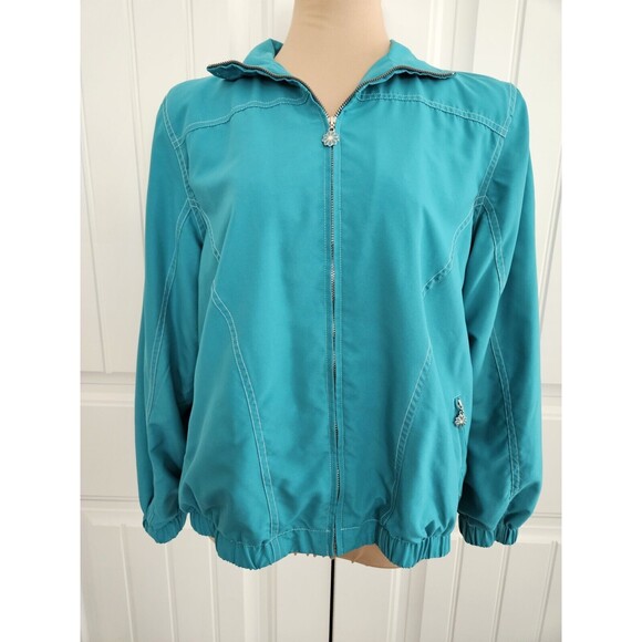 Alfred Dunner Womens Jacket S Aqua Windbreaker Lined Long Sleeve Zip 90's Daisy - Picture 1 of 9